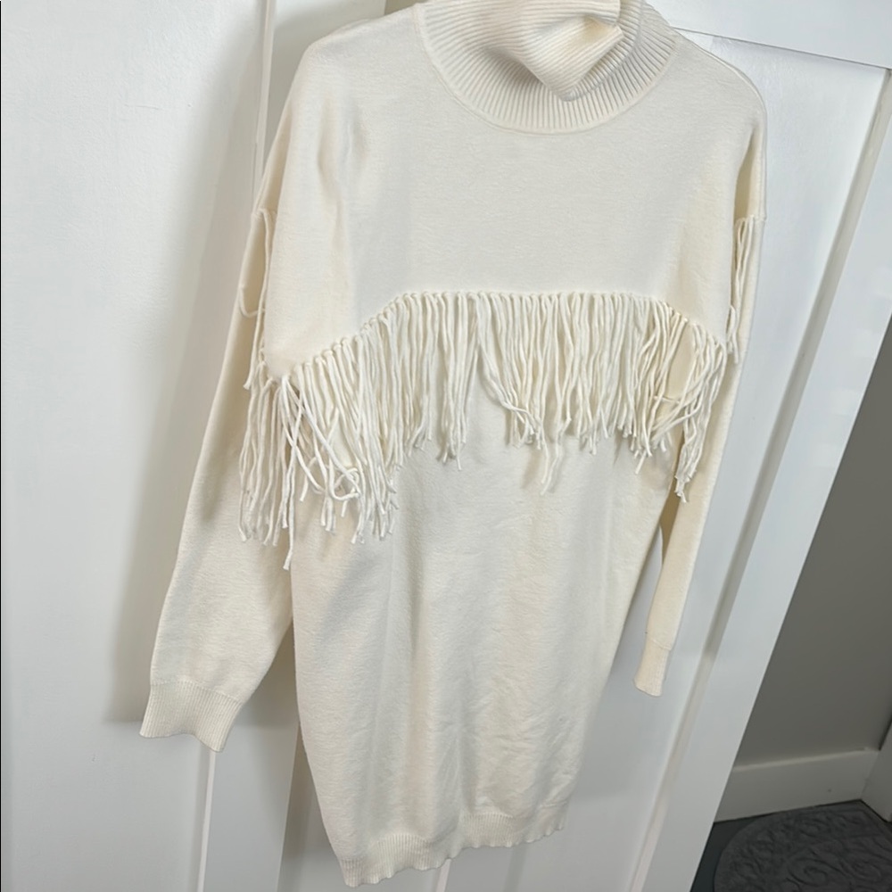 Lulu's Cream Cowl Neck Dress with Fringe Detail